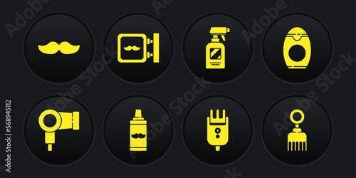 Set Hair dryer, Bottle of shampoo, Shaving gel foam, Electrical hair clipper or shaver, Hairdresser pistol spray bottle, Barbershop, Hairbrush and Mustache icon. Vector