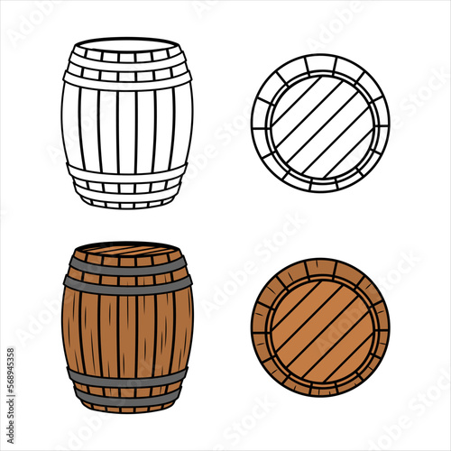 Set of Wooden barrel front and side view. Brown and black vintage engraving vector illustration. Hand drawn design element for label and poster. Wine barrels isolated on white background