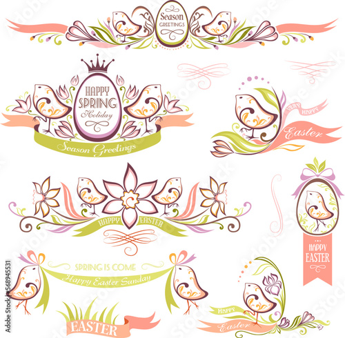 Set of easter decorative emblems with chickens