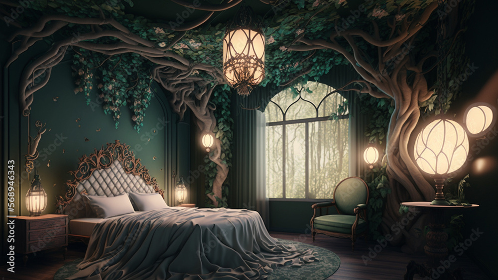 hotel bedroom interior in the style of fantasy enchanted forest