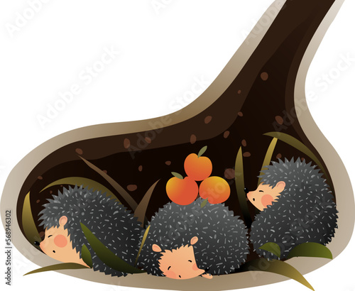 Hedgehog family sleeping or hibernating in a den or burrow. Cute hedgehog animal habitat illustration for children. Kids animal house cartoon, inside the urchin hole. Vector drawing for kids.
