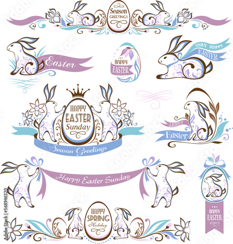 Set of easter decorative emblems with rabbits