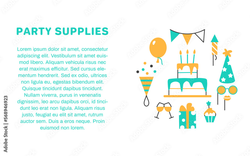 Party supplies flat line banner flyer brochure template. Color holiday Birthday event service card design. Bright celebration background with abstract elements and space for text vector illustration.