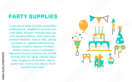 Party supplies flat line banner flyer brochure template. Color holiday Birthday event service card design. Bright celebration background with abstract elements and space for text vector illustration.