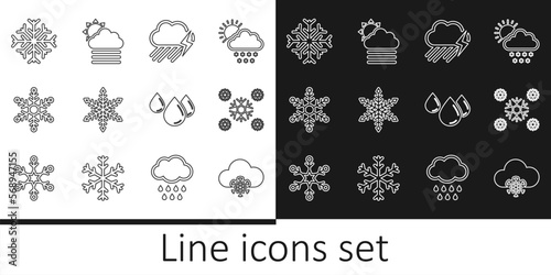Set line Cloud with snow, Snow, rain and lightning, Snowflake, Water drop and Fog cloud sun icon. Vector