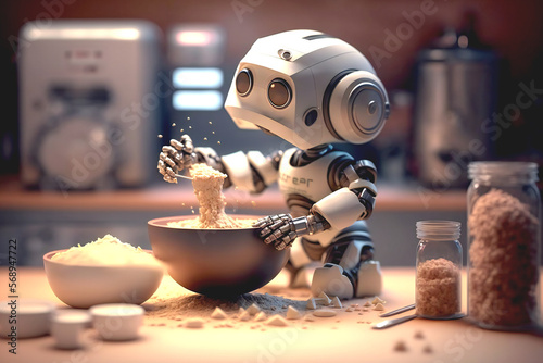 Handsome Cute Robot chef preparing dough by kneading it, close up shot