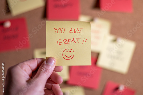 Handwritten Message On A Paper Note, You Are Great photo