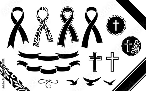 Funeral ornamental decorations. Vector memorial design elements. Border, divider, ribbon, frame and corner.