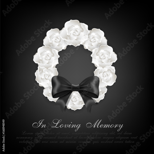 Funeral card. White roses wreath and black bow ribbon on the dar