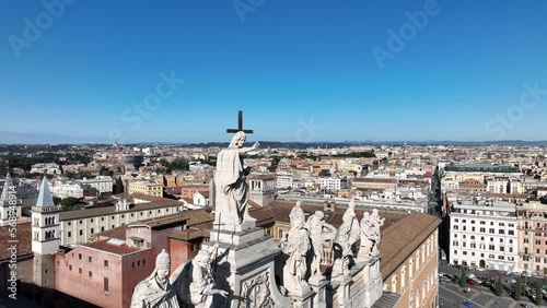 Roma - The facade of St. John Lateran basilica (Basilica di San Giovanni in Laterano) 
Vista aerea della facciata della basilica con le statue dei santi photo
