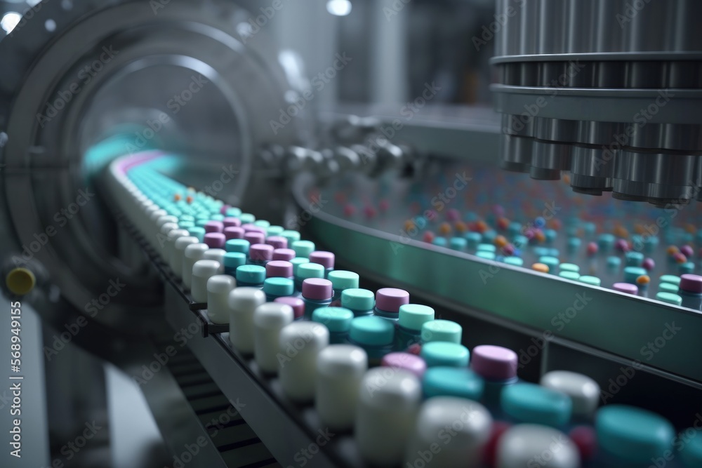 At the medical factory's production line conveyor, pills for prescription medications are being filled into bottles. selective attention. Generative AI