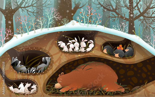 Forest animals sleeping in den and holes under trees in winter or spring, art for children. Bear, raccoon rabbits and mouse sleep in burrows. Cute animals wallpaper illustration for kids. photo