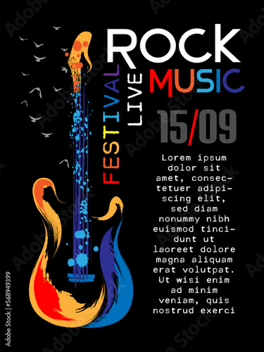 Rock music festival poster template. Vertical banner with rock guitar in grunge style and paint splashes.