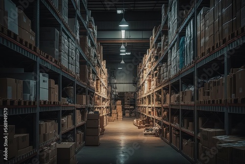 A warehouse is a building for storing goods. Warehouses are used by manufacturers, importers, exporters, wholesalers, transport businesses, customs, etc. AI generated © Tomasz Bidermann