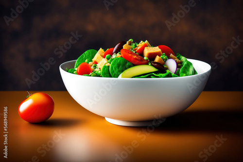 une salade verte avec des tomates des crouton et de l'avocat dans un bol - generative AI