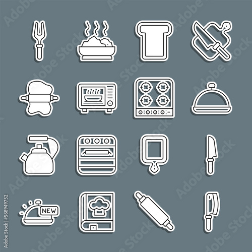 Set line Meat chopper, Knife, Covered with tray of food, Bread toast, Microwave oven, Rolling pin on dough, Barbecue fork and Gas stove icon. Vector