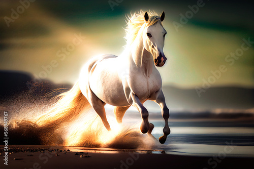 Beautiful white horse galloping along the beach. Generative AI.2