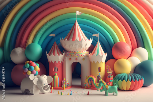bstract fantasy 3d rainbow carnival deign on white background,generative,ai.
