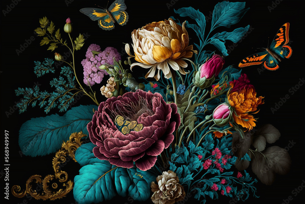 beautiful fantasy vintage wallpaper botanical flower gold loeaf bunch