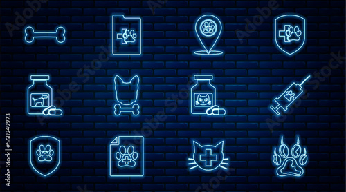 Set line Paw print, Syringe with pet vaccine, Location veterinary, Dog and bone, medicine bottle pills, Cat and Clinical record icon. Vector
