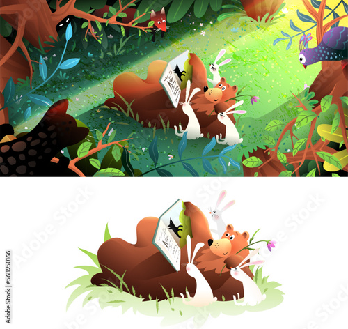 Animals reading a book in forest, study and education kids illustration. Bear reading a book to rabbits in woods colorful tale drawing. Vector clipart illustration for school or library.