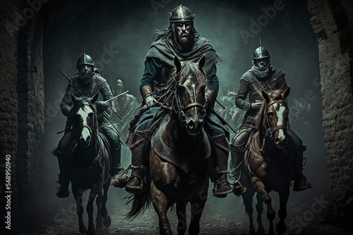Warriors on horseback in a war-torn city, defending their beliefs and heritage
