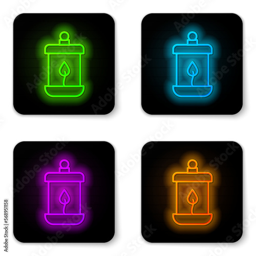 Glowing neon line Ramadan Kareem lantern icon isolated on white background. Black square button. Vector
