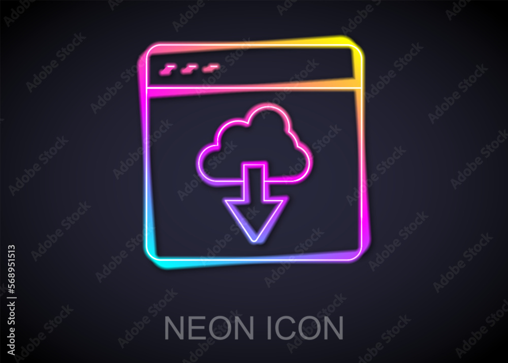Glowing neon line Cloud technology data transfer and storage icon isolated on black background. Vector Glowing neon line Cloud technology data transfer and storage icon isolated on black background. Vector