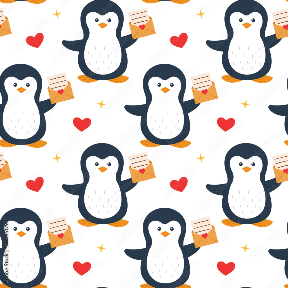 Obraz premium Cute penguin is holding an envelope with a letter. Valentine's Day. Seamless pattern. Can be used for web page background fill, surface texture