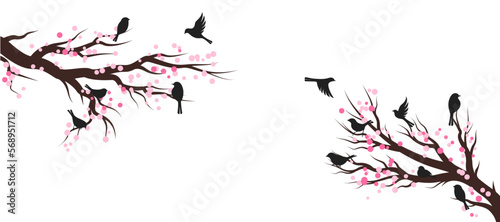 Spring blossom trees with birds. Vector decoration elements.