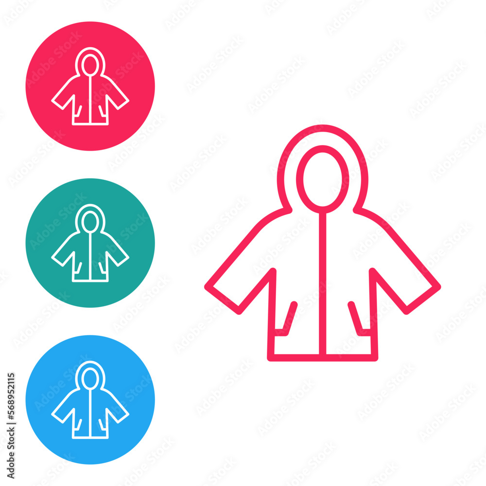 Red line Raincoat icon isolated on white background. Set icons in circle buttons. Vector Red line Raincoat icon isolated on white background. Set icons in circle buttons. Vector