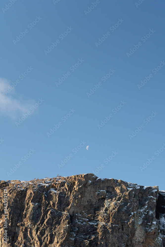 Mountain Summit And Blue Sky With Moon Mountain Summit And Blue Sky With Moon