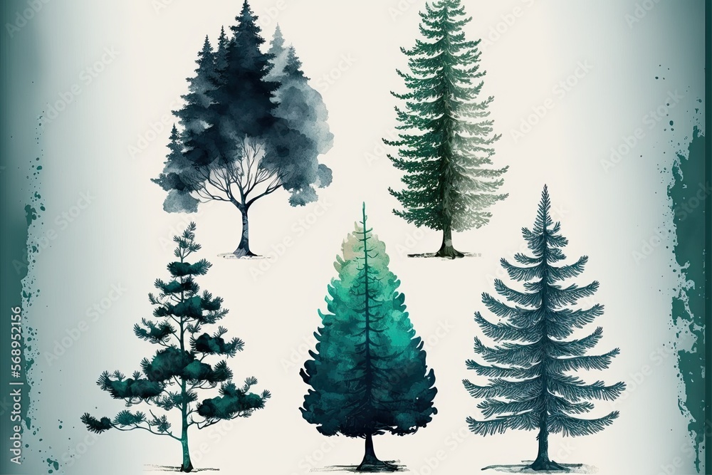 Obraz premium Set of isolated coniferous trees in watercolor. Generativea ai illustration