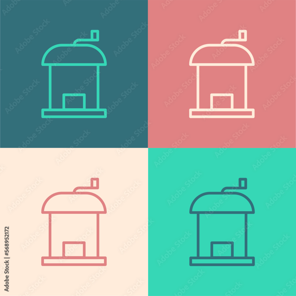 Pop art line Manual coffee grinder icon isolated on color background. Vector Pop art line Manual coffee grinder icon isolated on color background. Vector