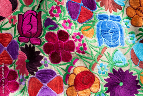 Hand-embroidered fabric with colorful flowers from Chiapas  Mexico