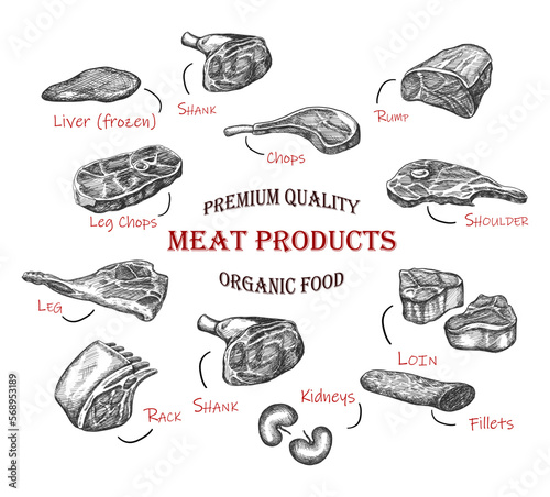 Hand drawn meat. Vector icon collection of illustration. Organic fresh cut types of meat. Butchery. 
