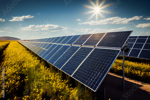 Solarpanele für erneuerbarer Energie auf einem Feld - Generative Ai  photo