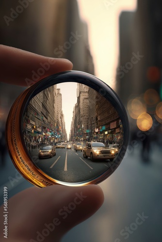 Downtown city center view through magnifying glass perspective - abstract concept design of NYC cityscape during rush hour. Traffic, Taxi's Cars all rushing by - generative AI Illustration 