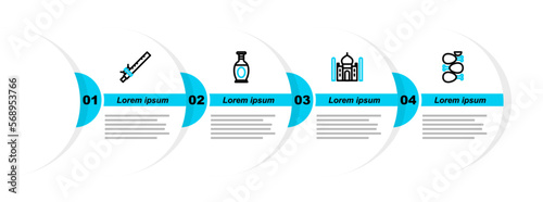 Set line Tandoori chicken, Taj Mahal, Indian vase and Bamboo flute indian icon. Vector