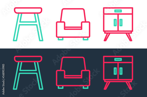 Set line Chest of drawers, Chair and Armchair icon. Vector