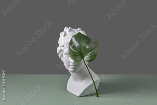 Greek goddess bust with green Monstera leaf. photo