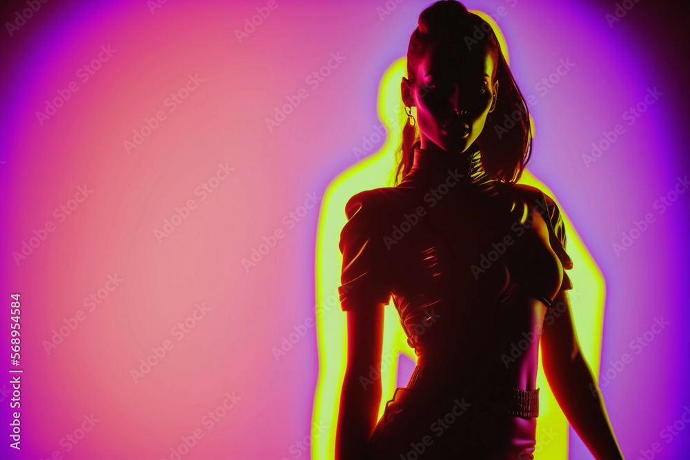 beautiful neo retro fashion woman model isolated in neon lights background in style of 90s 2000s new quality universal colorful joyful stock image illustration design wallpaper, generative ai