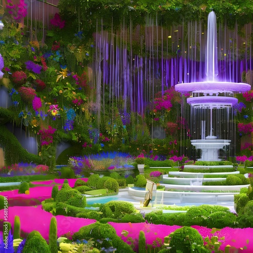 A surrealist garden maze with floating flowers and a talking fountain3, Generative AI photo