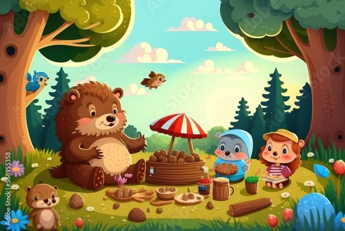 Fairy tale animal picnic in the woodland with a young monkey  bear  and hedgehog. Generative AI