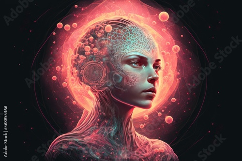 Futuristic Female Cyborg from Science Fiction Fantasy Galaxy in our Universe. The Halo around her Head shows how Spiritually Advanced she is  manifesting her imagination instantly - Ai illustration