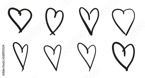 Hand drawn grunge hearts on isolated white background. Set of love signs. Unique image for design. Black and white illustration. Elements for design