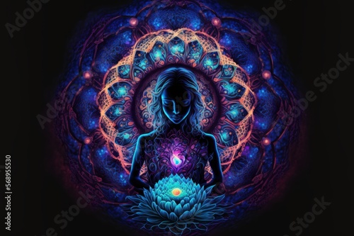 Young Girl with Lotus Flower and Mandala Pattern in Bright High Contrast Neon Colours, representing freedom, liberation, exploration, contemplation, ideal for decoration. Wallpaper or Poster - ai art