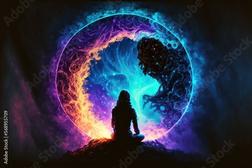 Silhouette of a Person sitting on a Mountain Top Looking into the Universe - The Halo like Portal in Bright Neon Colours is the gateway to the dimension of Love, Peace and Wisdom - Ai Illustration  photo