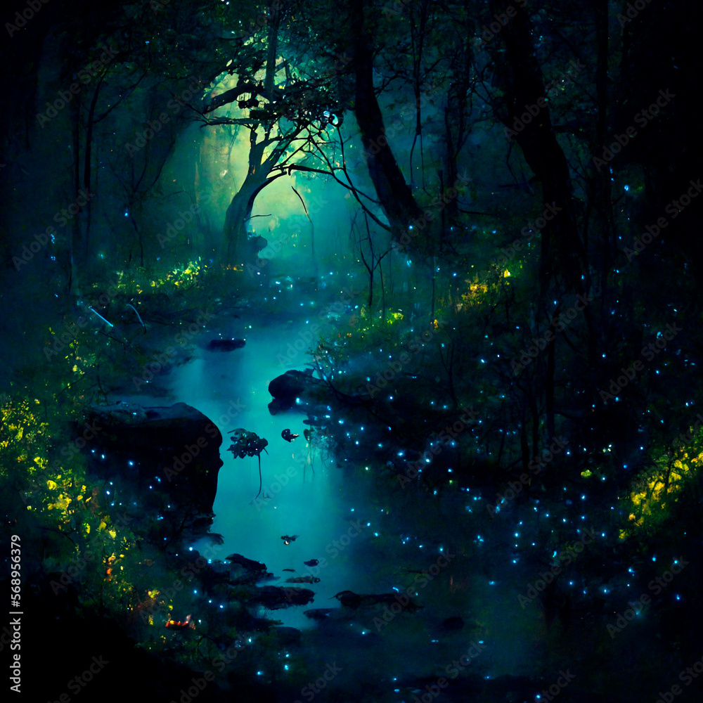 Mysterious mystical forest illuminated by fireflies