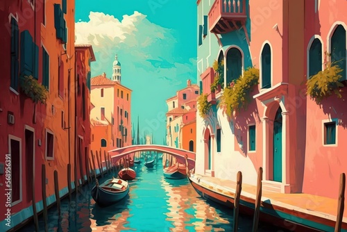 Canal in the City of Venice, Italy with Bright Blue Sky. Pink Buildings along the the river channel leading up to the sea. Generative Ai Illustration